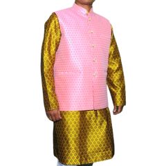 Pulka Premium Quality Woven Design Jacquard Nehru Jacket (Pink)