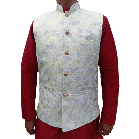 Pulka Men's White Tehra jari with flower Nehru Jacket