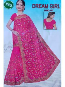 Heavy Work Embroidered Net Saree With Blouse Piece