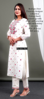 Resham Dori Embroidery Cotton Kurti with Pant - White Pink Floral