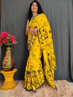 Traditional Block Floral Print Cotton Mulmul Saree With Blouse Piece